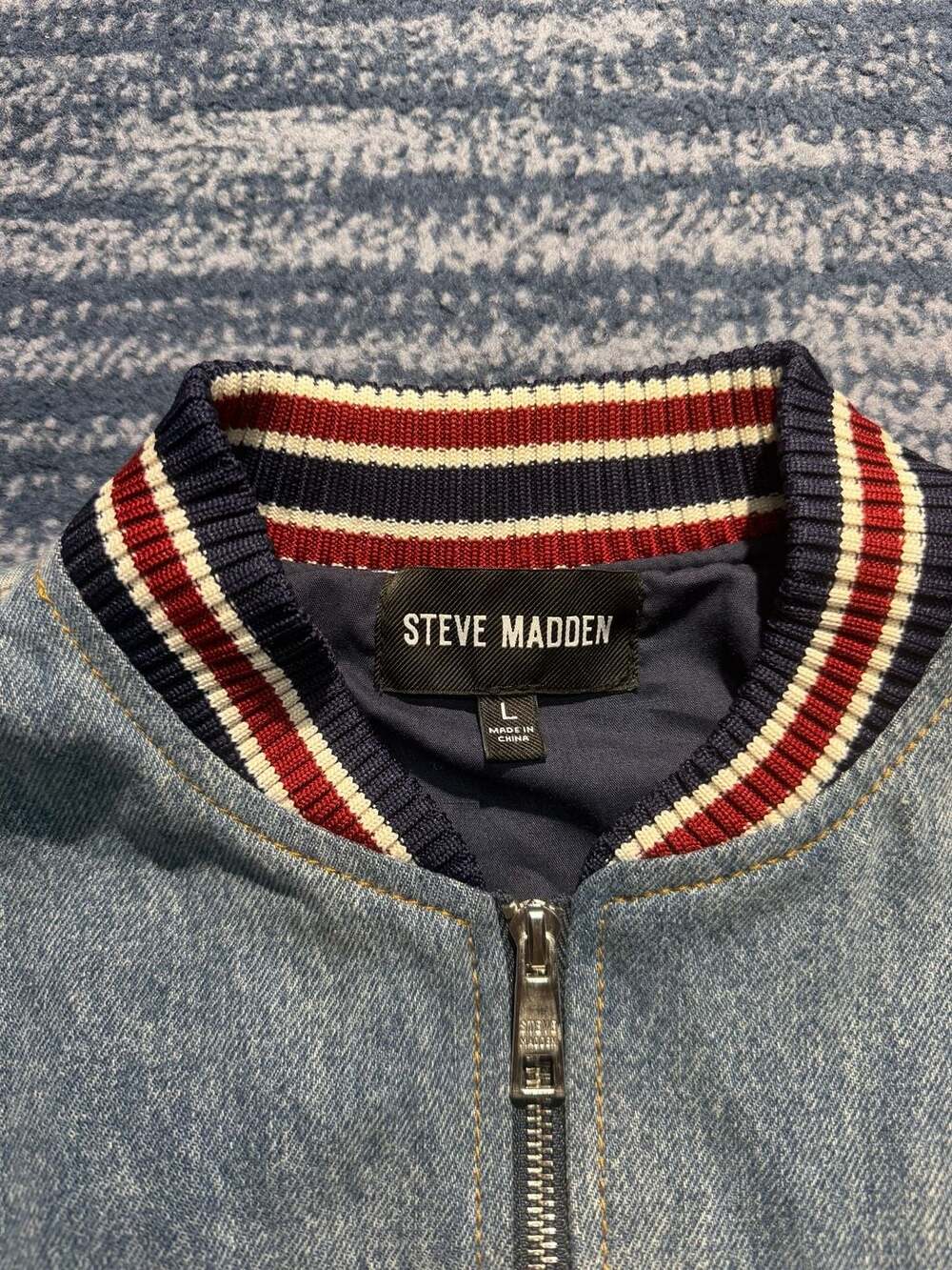 Steve Madden Denim Bomber Jacket Size L Striped Rib Trim